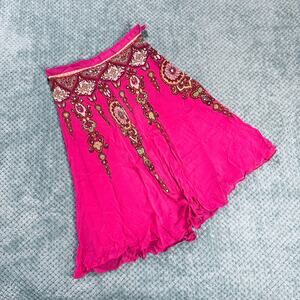 VINTAGE RETRO ANGIE'S HOT PINK Y2K GYPSY BEADED PAISLEY BOHO MIDI SKIRT SILK S